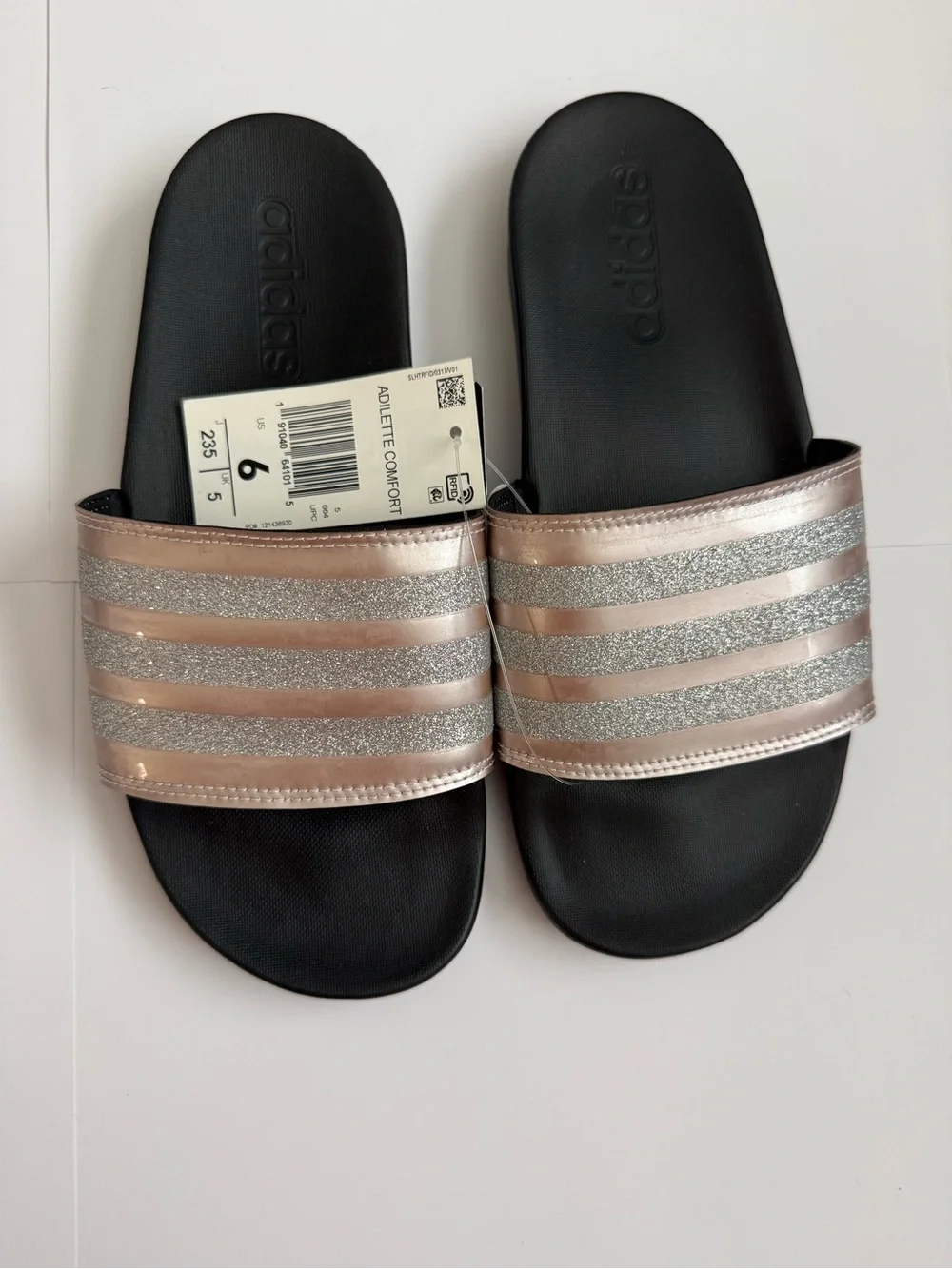 adidas Women’s Rose Gold and Silver Glitter Slide Sandals
